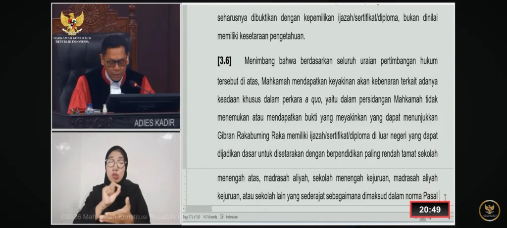 MK Nyatakan Permohonan soal Syarat Pendidikan Gibran Tak Dapat Diterima putusan MK Gibran